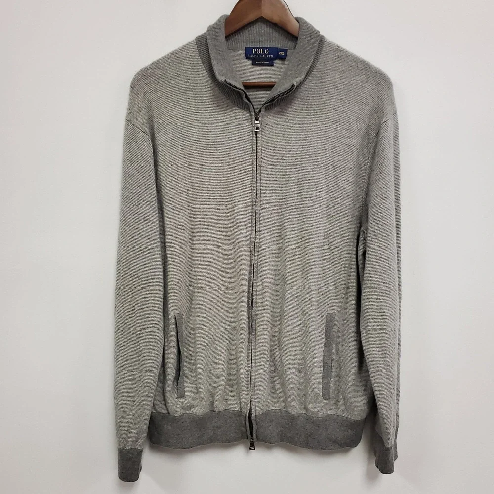 Polo Ralph Lauren Mens Full Zip Merino Wool Sweater Size XXL Preppy‎ Neutral